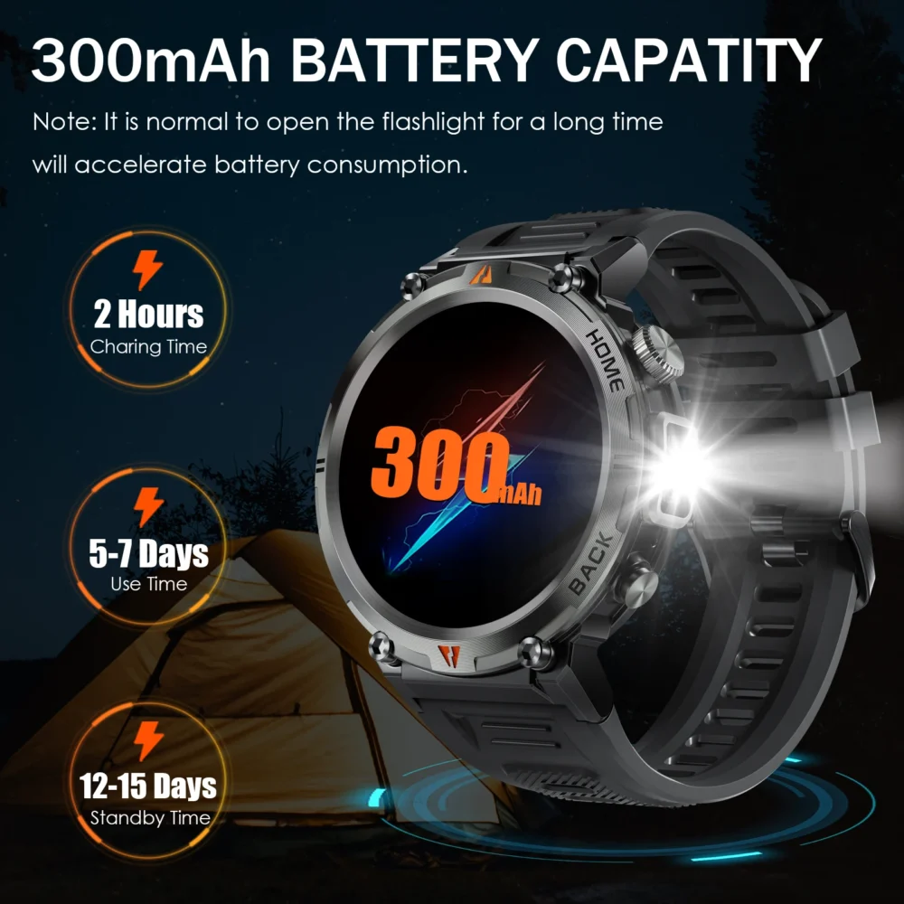 LaNikar New Military Smart Watch LED Flashlight with Bluetooth Calls Heart Rate Sleep Monitor Fitness Tracker for iPhone Android - Imagen 2